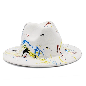 Artistic graffiti fedora hat with multi-color ink splashes on white felt wool fabric