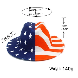 Detailed view of USA flag pattern hat with precise brim and crown measurements shown