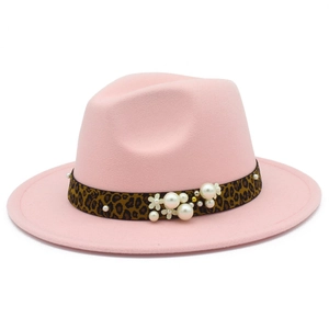 Elegant pink wool fedora hat with leopard print band and pearl flower accents
