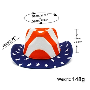 Detailed size specifications for American flag cowboy hat with brim and height dimensions