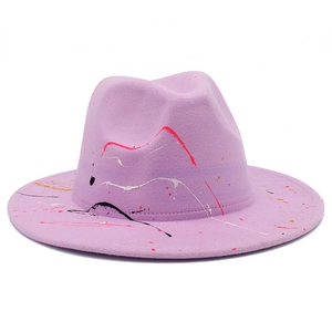 Lavender fedora hat with colorful artistic graffiti splash and stylish flat brim design
