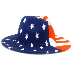 Detailed view of patriotic USA flag pattern wool fedora with stars and stripes design