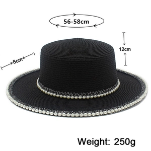 Detailed size parameters of black straw sun hat with pearls for head circumference 56-58cm