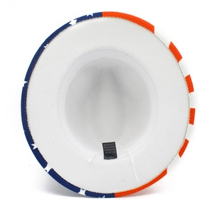 Macro view of the internal material label and stitching of the American flag fedora hat