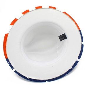 Interior view of white USA flag panama hat with cotton polyester blend washing label