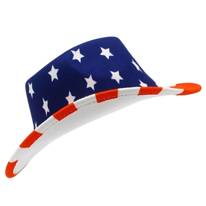 Detail of USA flag cowboy hat featuring stars on blue crown and red striped brim fabric