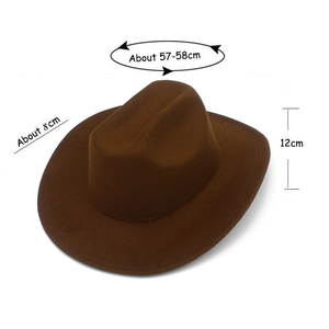 Detail view of brown western cowboy hat with size labels showing 8cm brim and 12cm crown