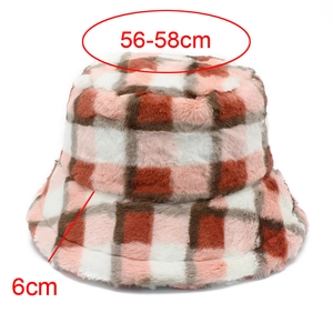 Pink and brown plush plaid bucket hat detailing the 56-58cm head circumference size