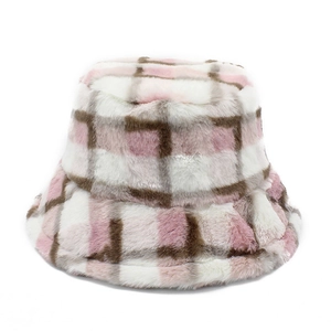 Winter faux rabbit fur bucket hat with pink, white and brown plaid plush design