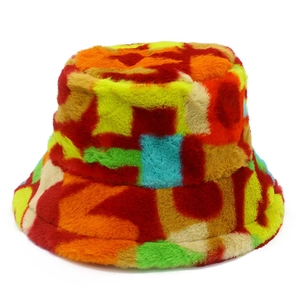 Detail showing the colorful faux fur texture and multi-color stitching of the bucket hat