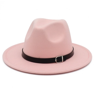 Chapeau Fedora rose vintage à bord large avec ceinture en cuir noir pour hommes et femmes