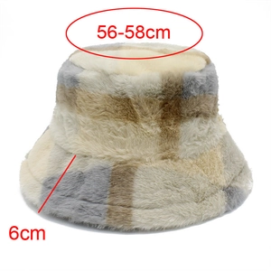 Detail view of plush bucket hat showing 56-58cm head circumference and 6cm brim size