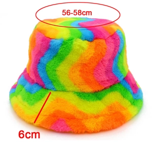 Rainbow fuzzy bucket hat detail showing 56-58cm head size and 6cm brim width