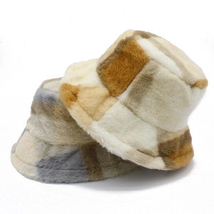 Winter Warm Faux Fur Bucket Hat For Women Men Plaid Patchwork Thick Plush Windproof Outdoor Travel Fisherman Hat