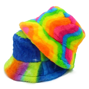 Rainbow striped faux fur bucket hat with fluffy plush texture for autumn and winter warmth