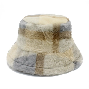 Plush checkered bucket hat for men and women featuring warm faux fur in neutral tones
