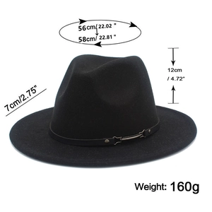 Size chart showing black fedora hat with 56-58cm head circumference and 7cm brim