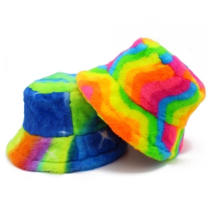 Winter Warm Rainbow Striped Plush Bucket Hat For Women Men Thick Faux Fur Fisherman Cap Colorful Soft Outdoor Sunshade Hat