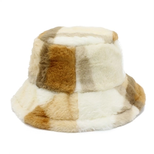 Winter plush plaid bucket hat in white beige and dark brown color block for men and women