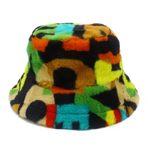 Colorful plush faux fur bucket hat for winter featuring a thick multi-color patchwork design