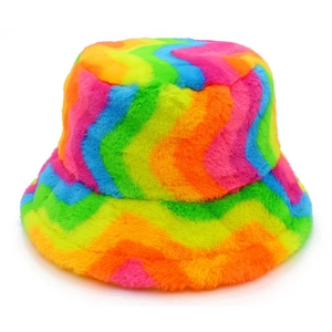 Rainbow striped faux fur bucket hat for winter featuring soft plush colorful fuzzy texture