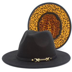Chapeau Fedora en Laine Bicolore Mode Occidentale Avec Doublure Imprimée Léopard Chapeau de Jazz à Large Bord pour Femmes Hommes Chapeau de Soleil Voyage