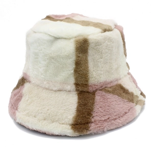 Winter faux fur bucket hat with warm plush patchwork design in beige, pink and khaki