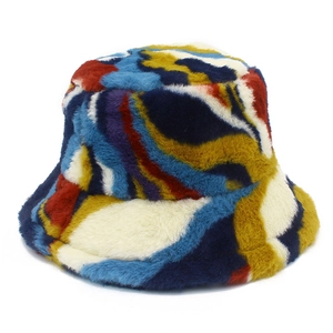 Colorful faux fur bucket hat with abstract patterns for winter outdoor warmth