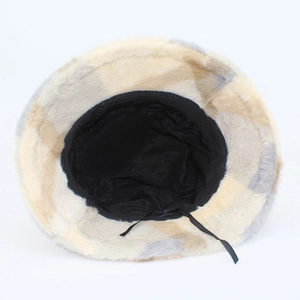 Winter plush checkerboard bucket hat with warm faux fur lining and adjustable inner drawstring