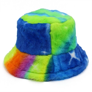 Colorful tie-dye plush bucket hat with rainbow stripes and white star patterns