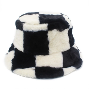 Unisex black and white checkerboard plush bucket hat with thick faux fur for winter warmth