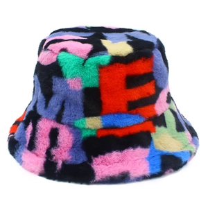 Colorful plush faux fur bucket hat with letter pattern for winter warmth and style