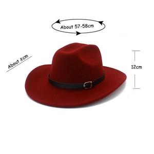 Detail showing dimensions of the burgundy wool fedora hat with size specifications
