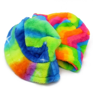 Colorful plush rainbow striped bucket hat for men and women featuring warm faux fur material