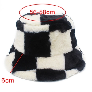 Retro black and white checkerboard faux fur bucket hat for winter warmth, 56-58cm size