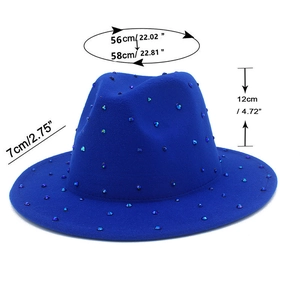 Detailed size chart for blue rhinestone fedora hat showing crown height and brim width
