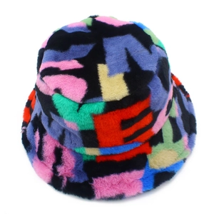 Close-up of colorful plush bucket hat featuring vibrant faux fur and letter patterns