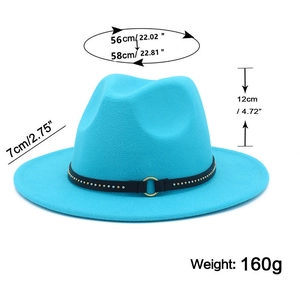 Detailed size chart for blue leopard print wool fedora hat with metal buckle trim