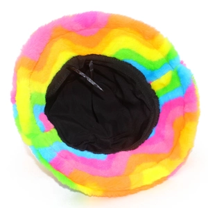 Detailed top view of rainbow faux fur bucket hat showing inner lining and drawstring