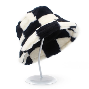 Retro black and white checkerboard plush bucket hat for winter warmth with thick faux fur