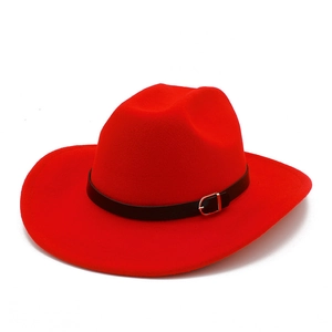 Detail of red wool felt fedora featuring a black decorative band and metallic buckle
