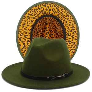 Detail of dark olive green fedora hats with leopard print inner brim and leather belt