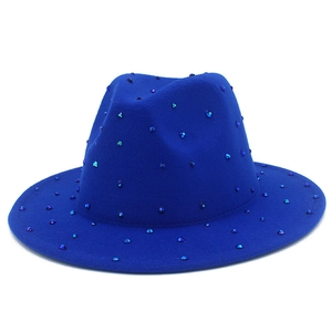 Navy blue wide brim wool fedora hat with sparkling rhinestones for party wear