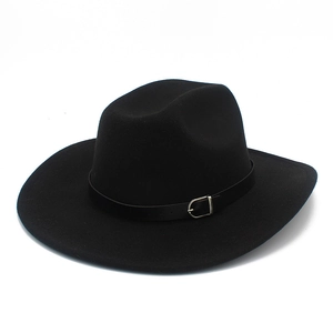 Detailed view of black wool felt hat with decorative leather belt and silver buckle