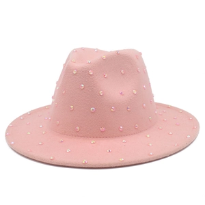 Pink felt fedora hat with sparkling AB rhinestones for women on white background