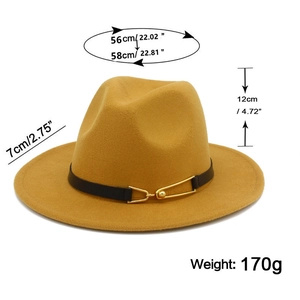 Size guide for wool fedora showing 56-58cm circumference and 7cm wide flat brim