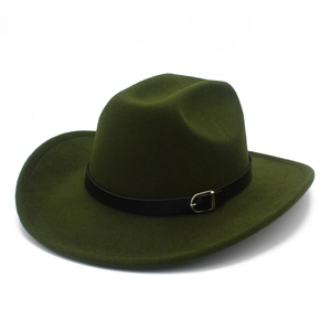 Detail of dark green wide brim fedora with black belt buckle and wool felt texture