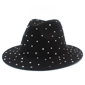 Elegant black wool fedora hat for women adorned with sparkling crystal rhinestones