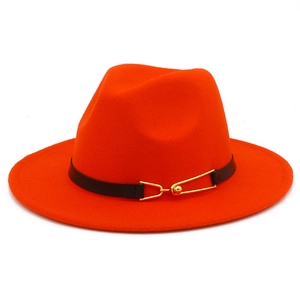 Classic orange felt fedora hat for men and women with black leather belt and gold buckle