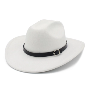 Detail view of white wool felt fedora hat featuring black leather band and silver buckle